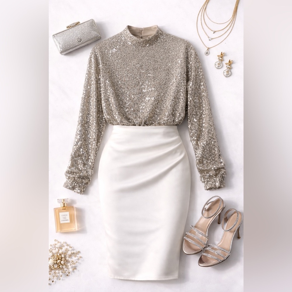 Silver Sequin Long Sleeve Top | Glam Holiday Party Blouse